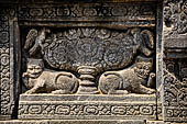 Prambanan - Candi Lara Jonggrang, kinara-kinari panels a composition of a lion with the tree of heaven and a pair of kinnara. 